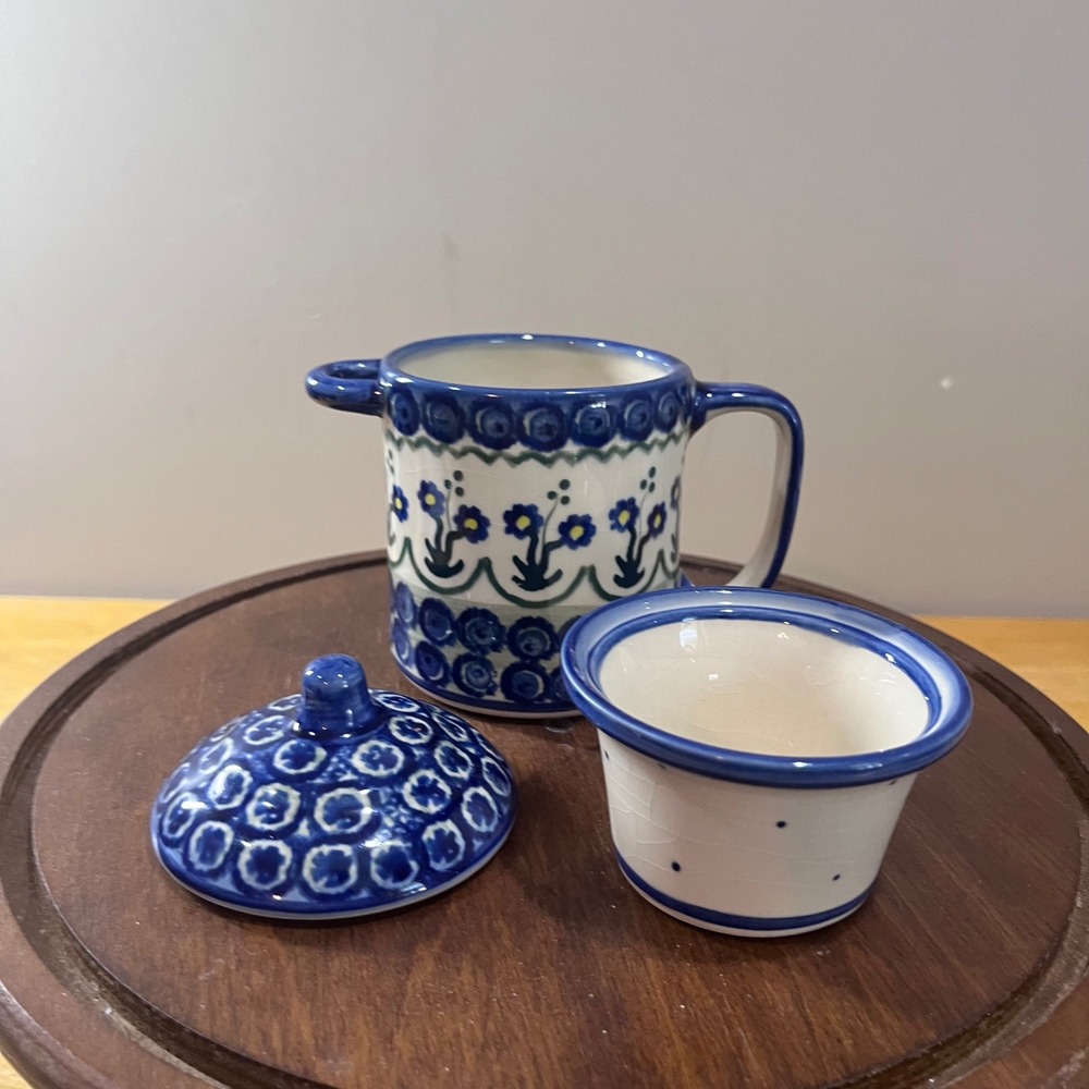 Vtg Polish Pottery Unikat Tea Infuser Mug Strainer Set Boleslawiec Blue Floral